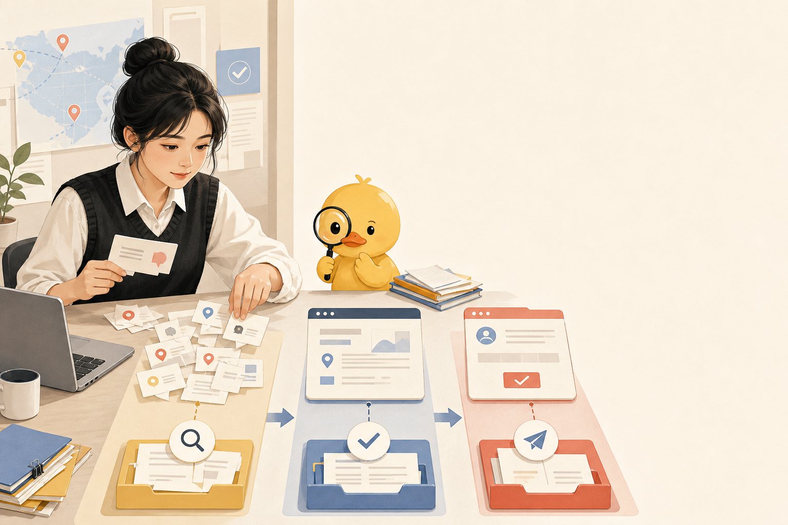 从线索到原始公告再到报名行动的核验插画