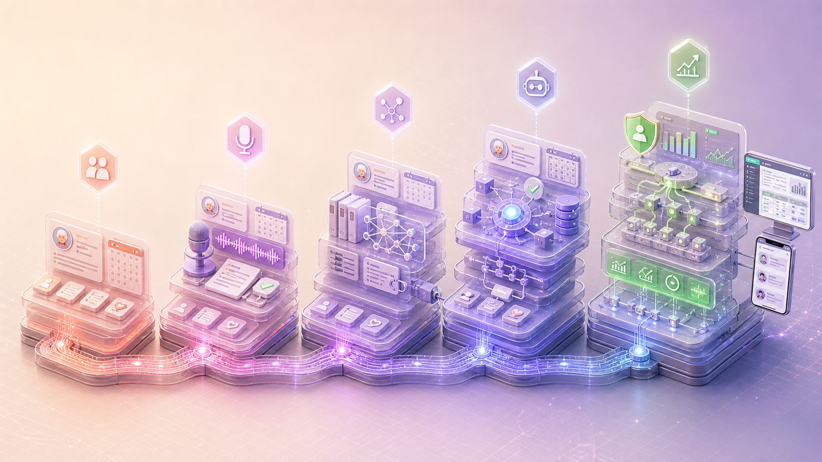 标准 AI 产品从业务流程、Voice Documentation、Policy RAG、Agent Memory 逐步构建到受治理 Production System 的五阶段产品图